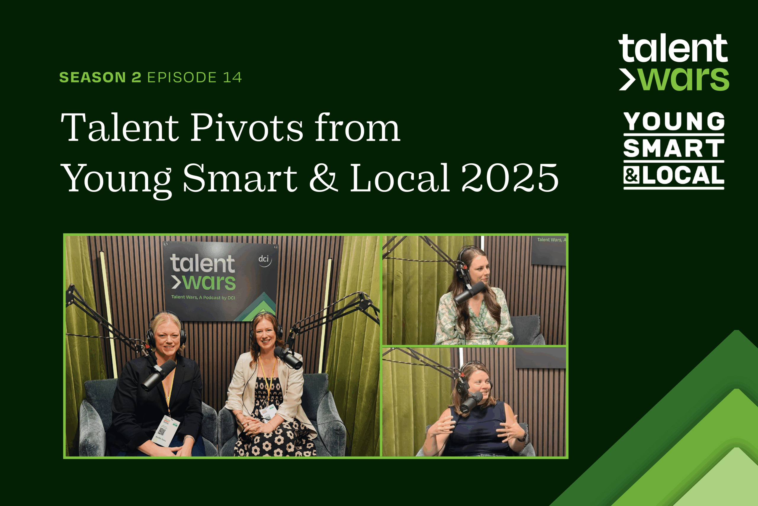 Dark green and lime green season two episode 14 talent wars podcast graphic