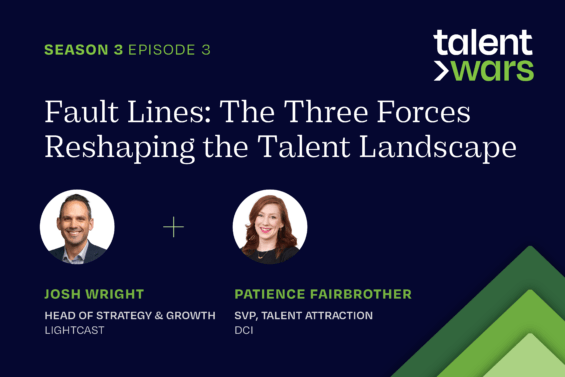 Dark blue and green graphic for season three episode two of Talent Wars Podcast