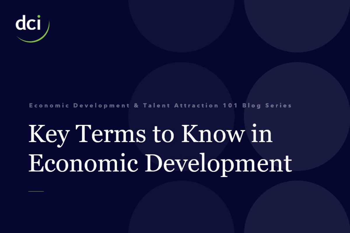 Key Terms to Know in Economic Development dark blue and white graphic