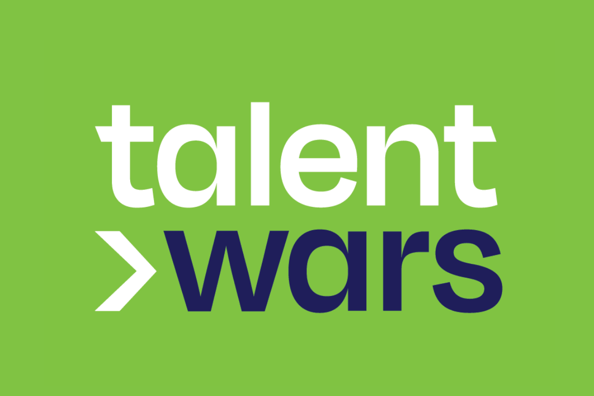 White and blue Talent Wars Podcast logo on a green background