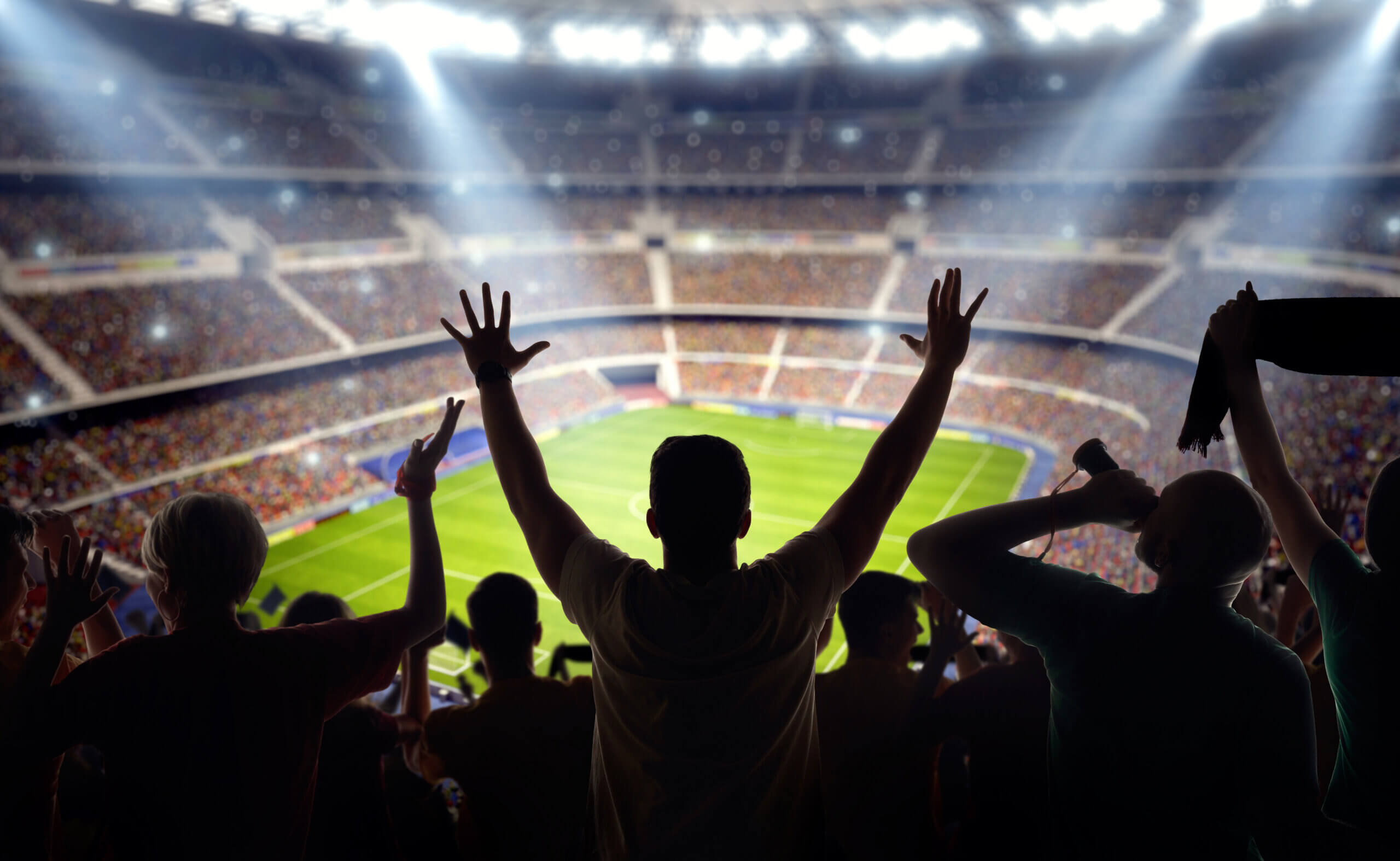 Man standing up and celebrating at a live sporting event in an arena.